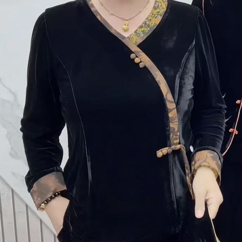 富贵金/玫粉色气质时尚显瘦中老年妈妈装流苏定位烫钻丝绒太太衫