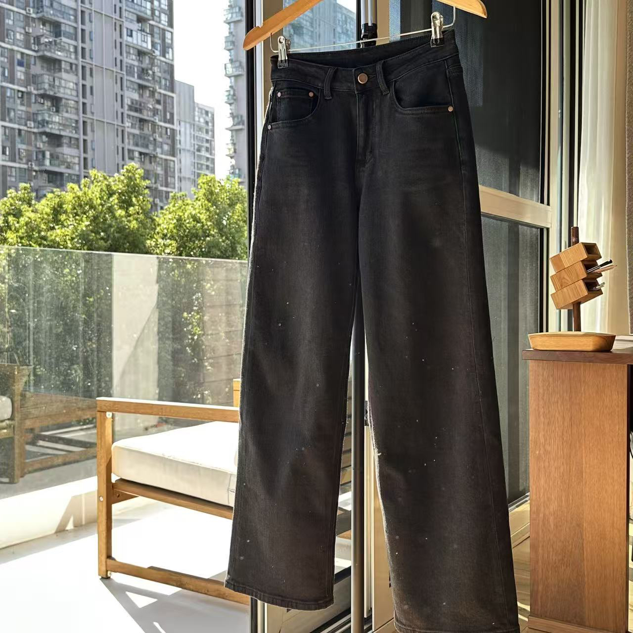 秋原瞳-后标抓绒黑色牛仔裤休闲裤高腰时尚百搭复古宽松长裤冬季