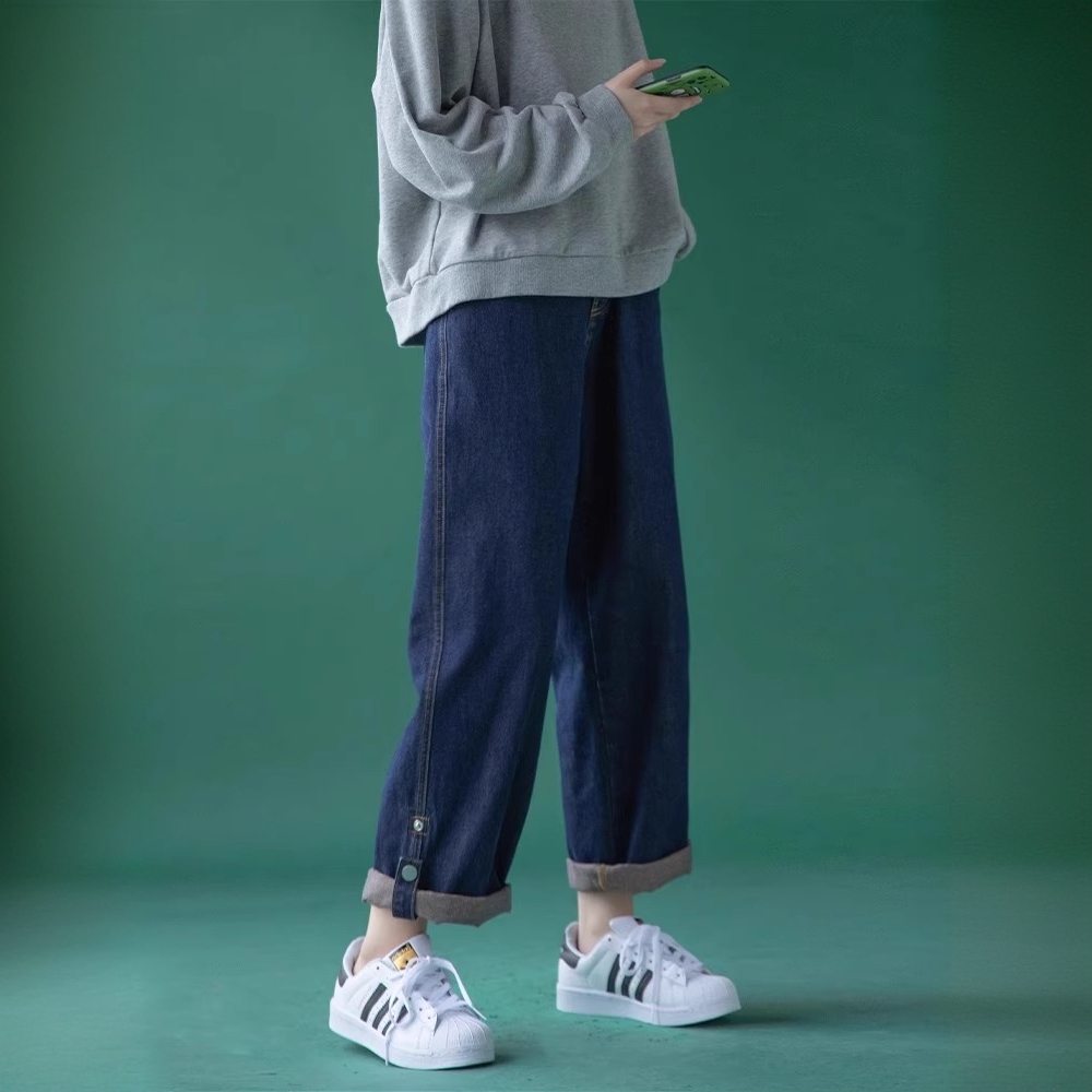 梨型身材高质感纽扣牛仔裤女2023年新款宽松显瘦阔腿直筒胖mm裤子