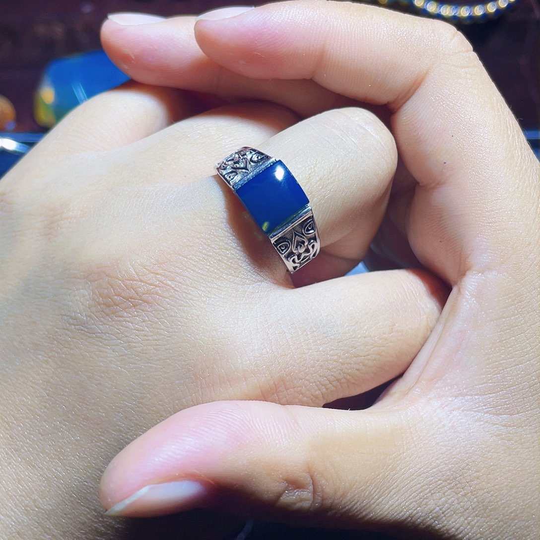 蓝珀裸石银S925镶嵌方戒