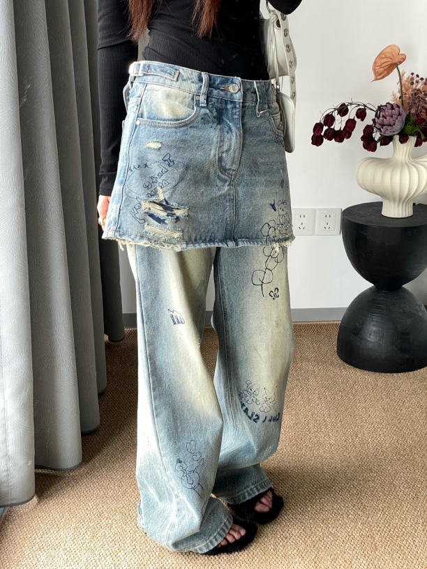IND福蝶 独特设计风格复古涂鸦做旧屁帘牛仔裤