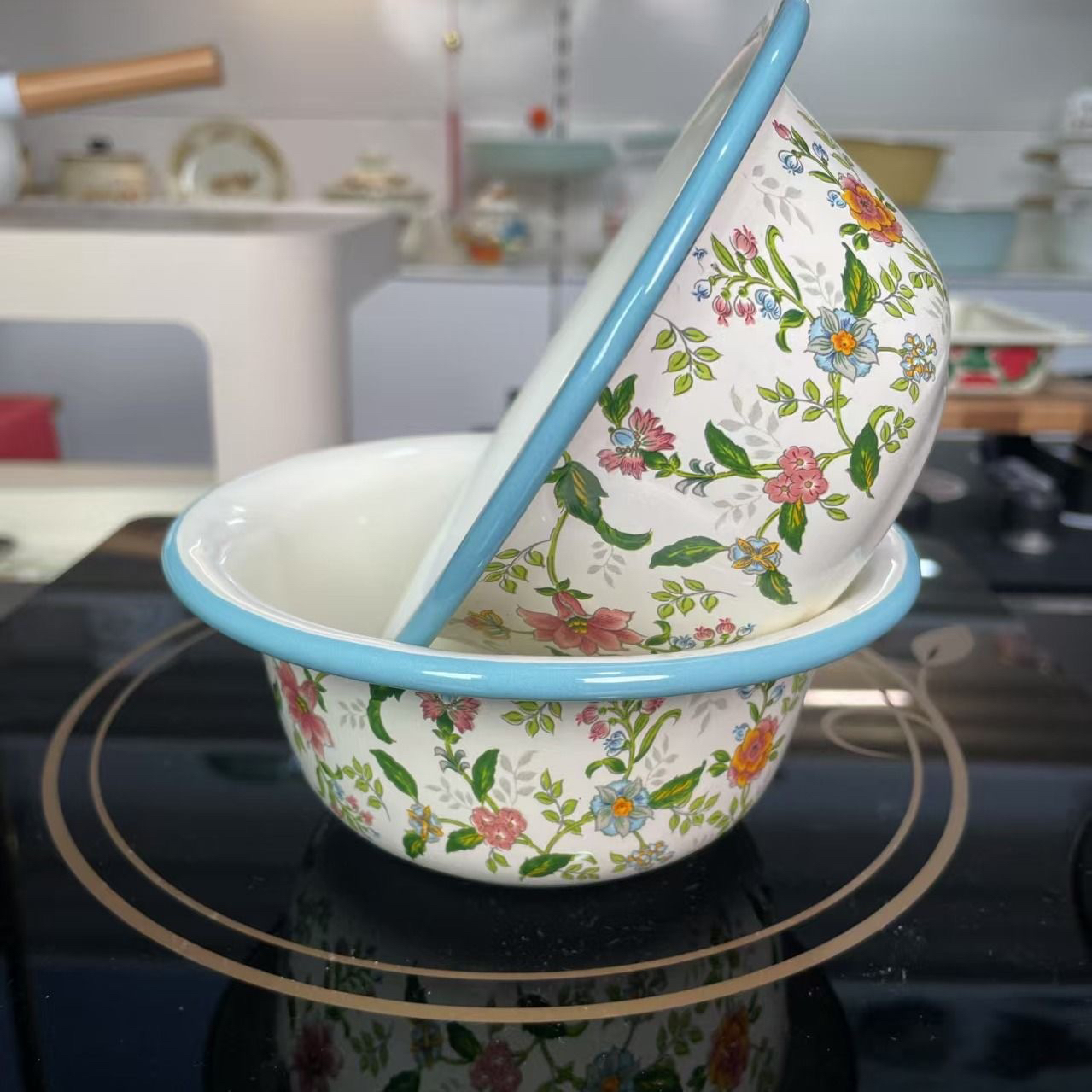 14.5公分珐琅搪瓷芳香花汤碗2个