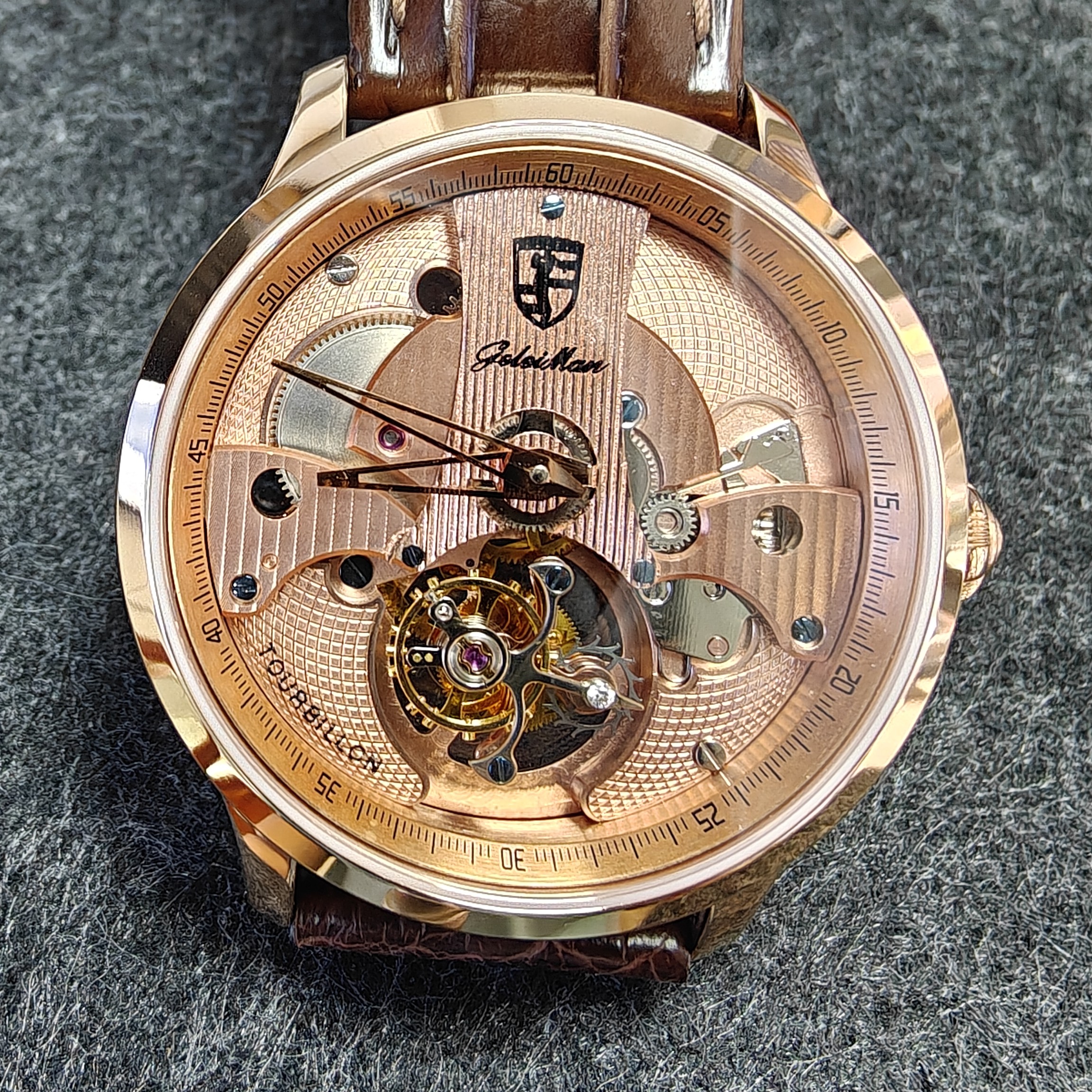 镂空手动陀飞轮机械手表真皮时尚男款机械表腕表