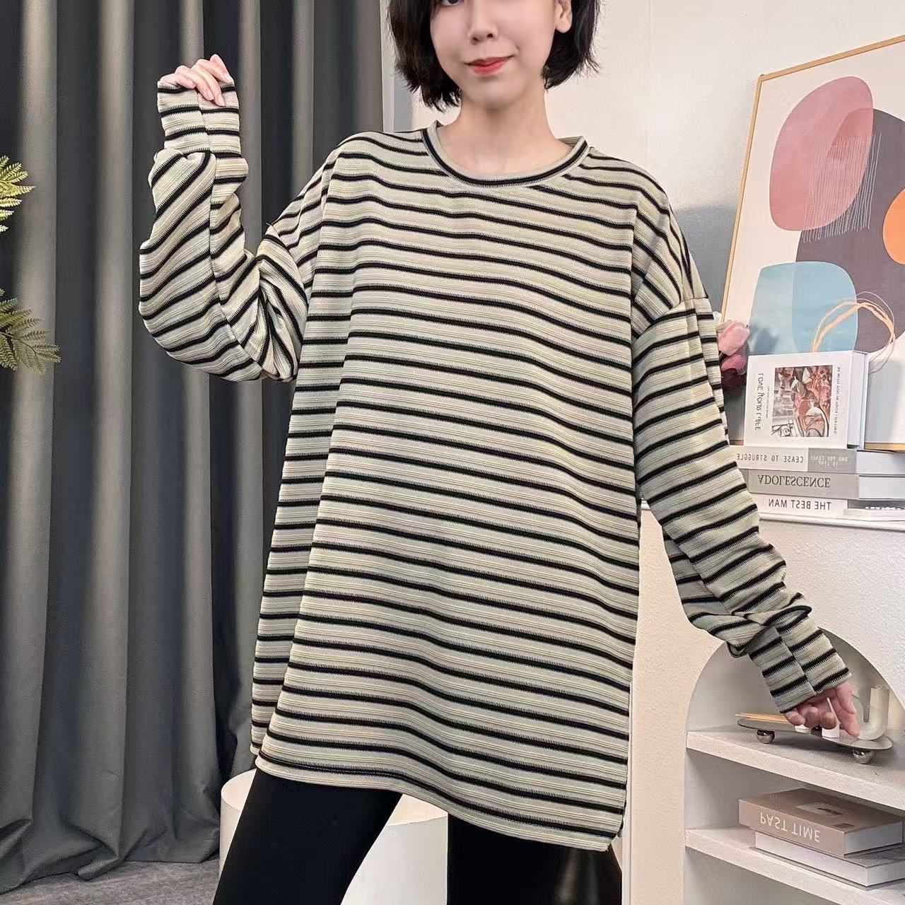春季新款条纹大版型宽松大码休闲长袖T恤G9109