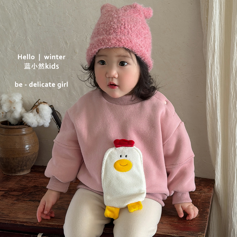 K25D129女宝宝冬季可爱卡通加绒卫衣男童加厚保暖上衣婴儿打底衫