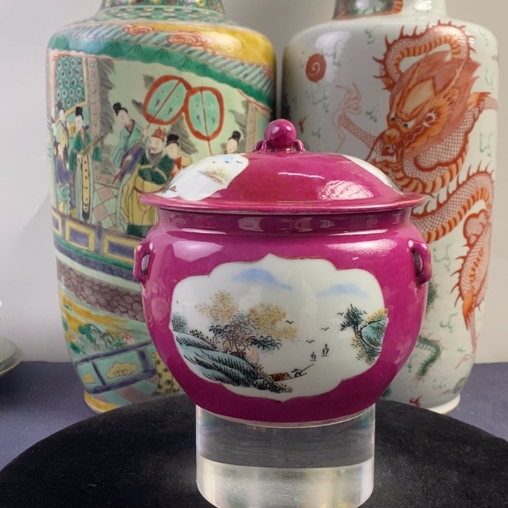 其他陶12778瓷器—胭脂红釉粉彩开窗山水粥罐