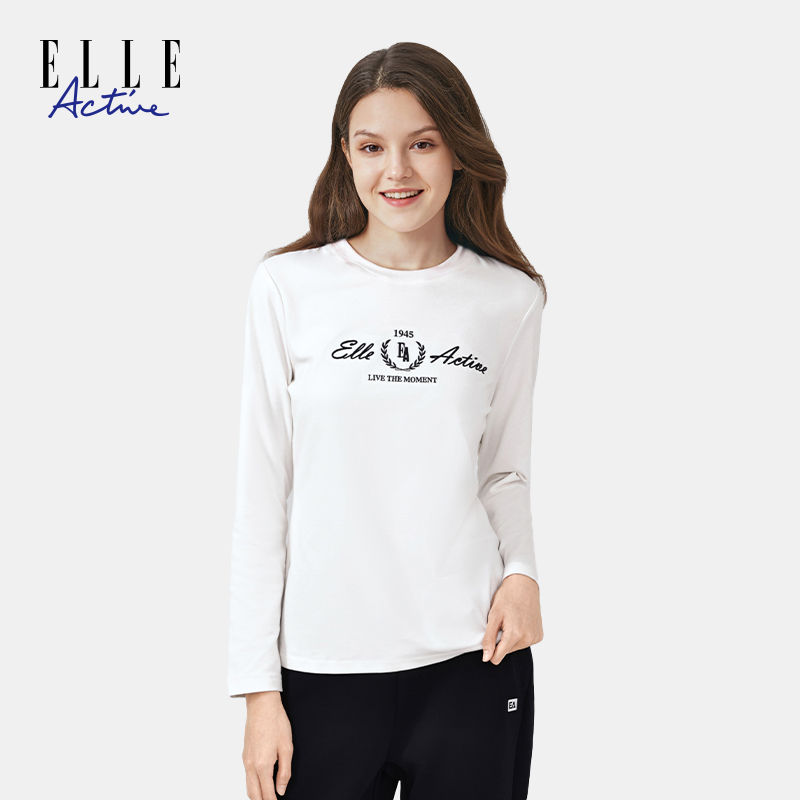 ELLE Active经典百搭字母圆领长袖T恤舒适简约套头休闲女士上衣秋