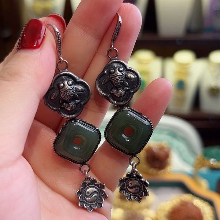 和田玉耳饰银S925镶嵌耳环