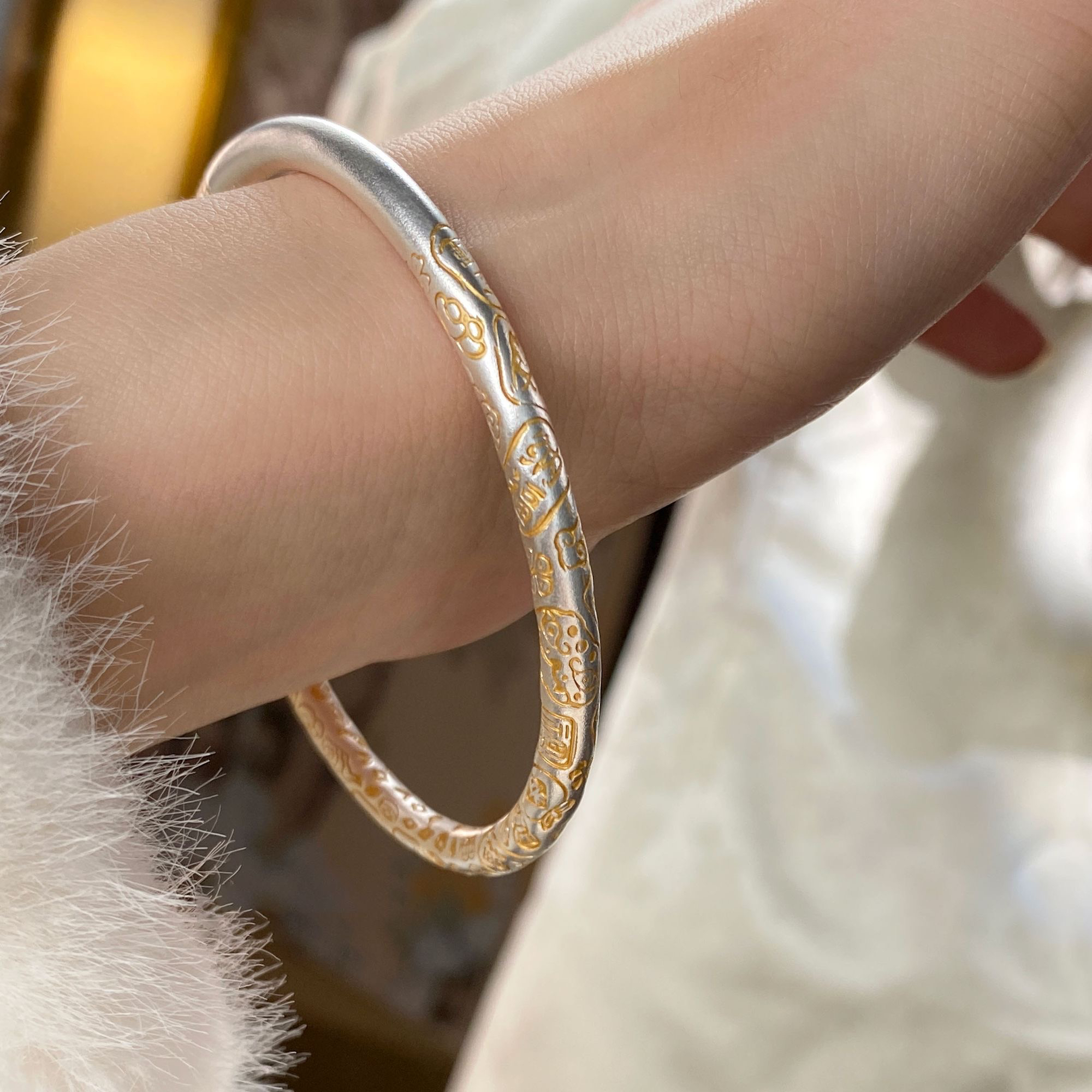 足银手镯 古法银手镯999.9纯银描金吉言银镯子国风闭口实心新中式