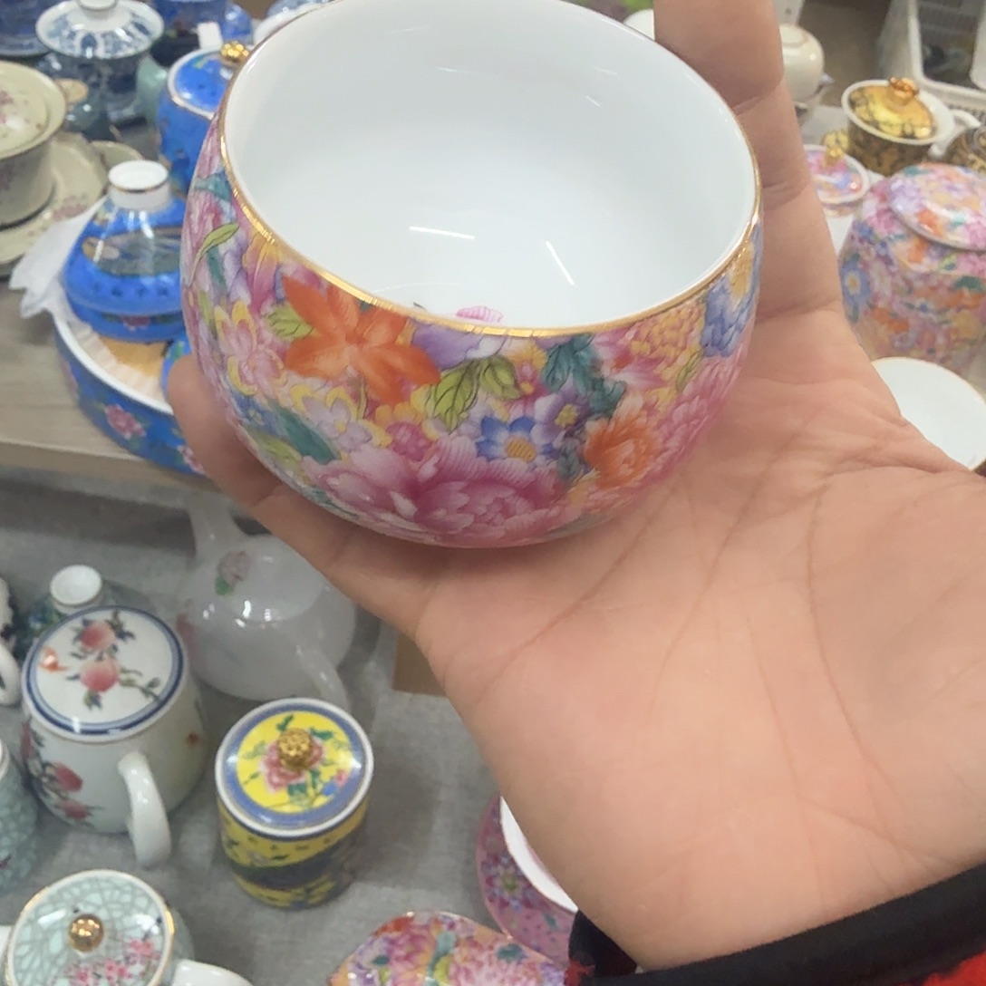 陶杯子万花粉罗汉一个杯子