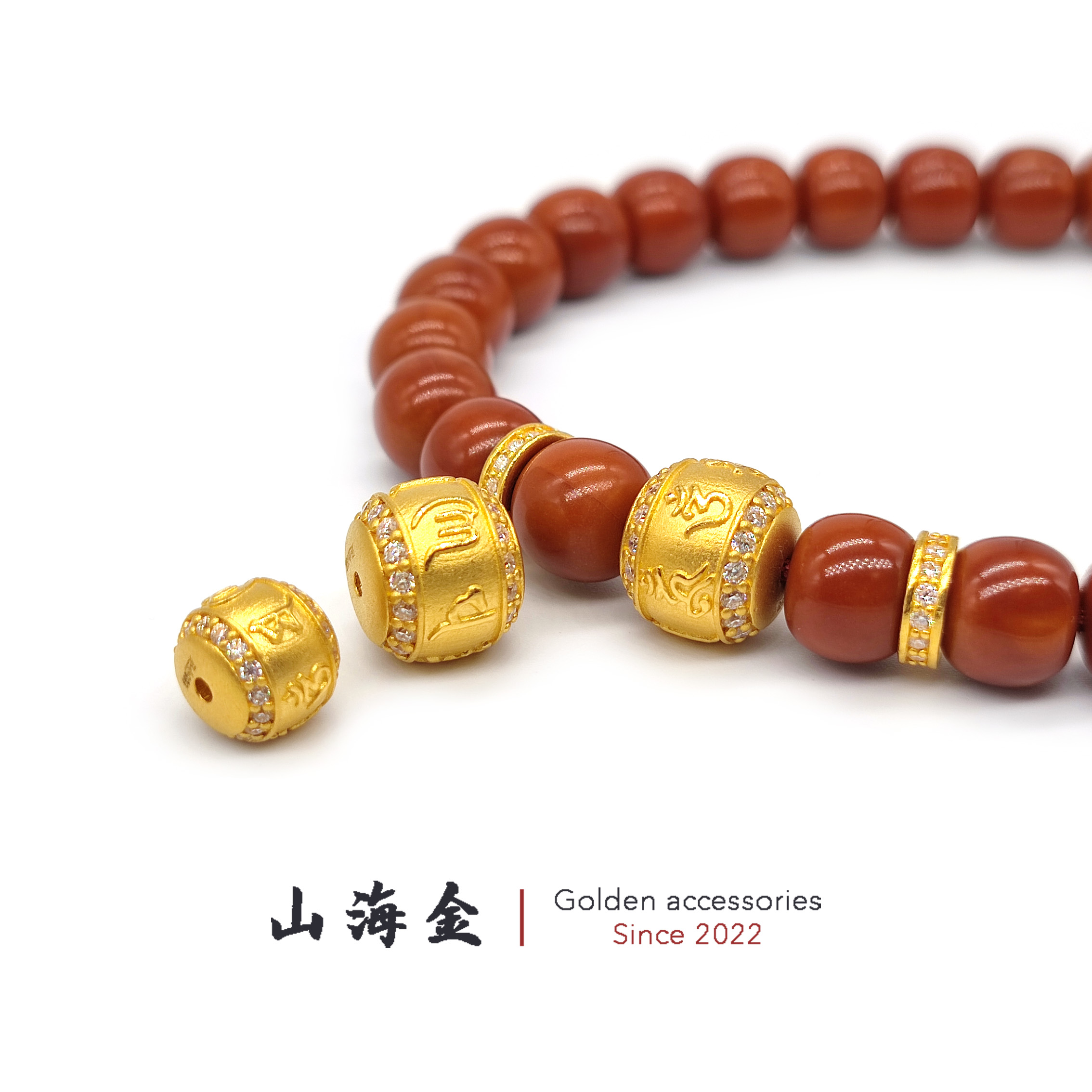 山海金 24K黄金999足金点钻六字箴言老型顶腰珠文玩手串菩提配饰