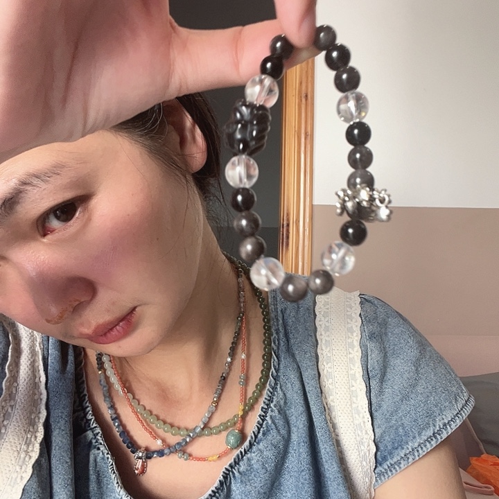 银S925镶嵌手链水晶黑白九尾狐手串