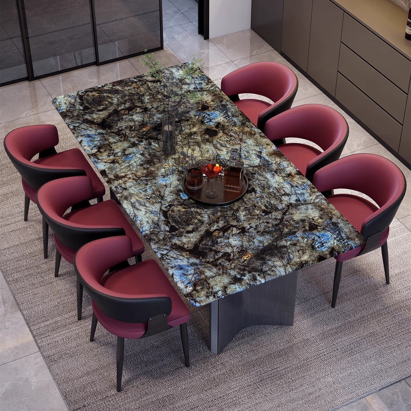 蓝翡翠+奔驰脚2026新款意式轻奢天然大理石家用高级感方餐桌椅