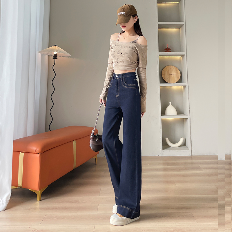 加绒款丹宁蓝阔腿牛仔裤女2025新款流行高腰弹力宽松直筒-802