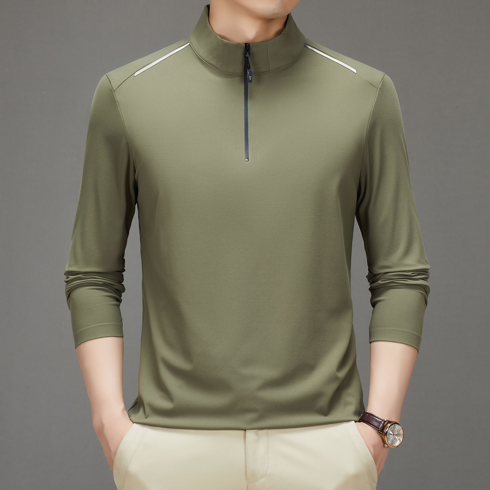 长袖上衣半拉链时尚商务春秋季拉链男士简约灰T恤