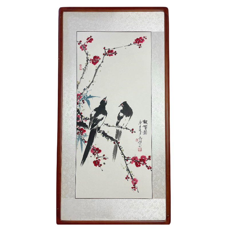 【手绘国画】带框发货花鸟水墨红梅花喜上眉梢竖幅玄关餐厅茶室挂画