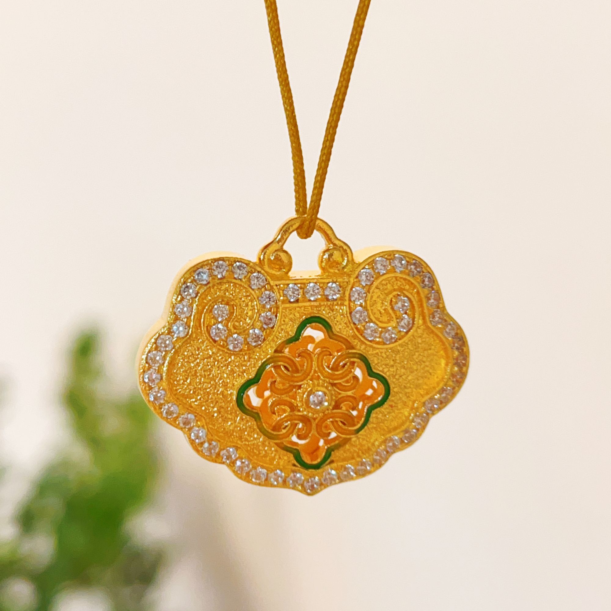 吊坠足银珐琅 镶钻花开如意锁挂坠