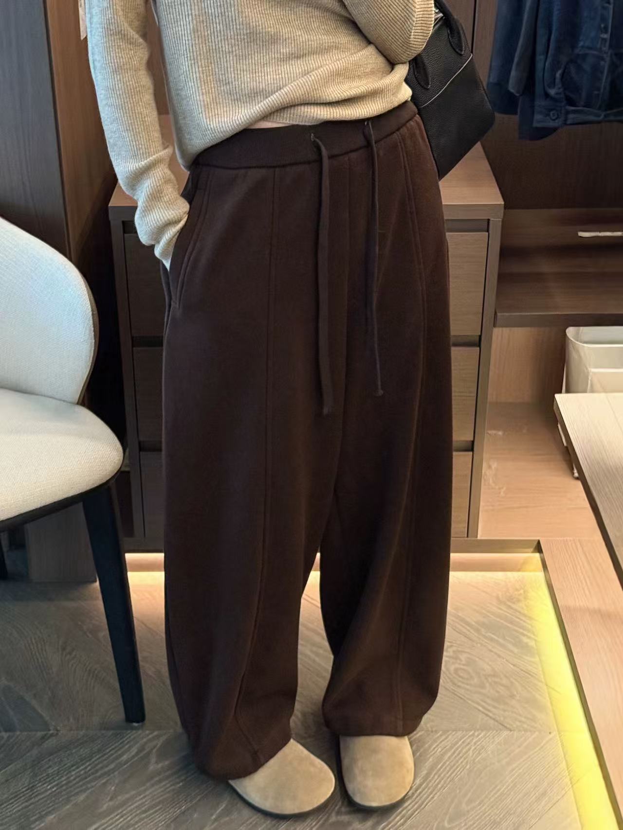 K717加绒卫裤女2025冬季新款抽绳高腰弯刀裤宽松显瘦