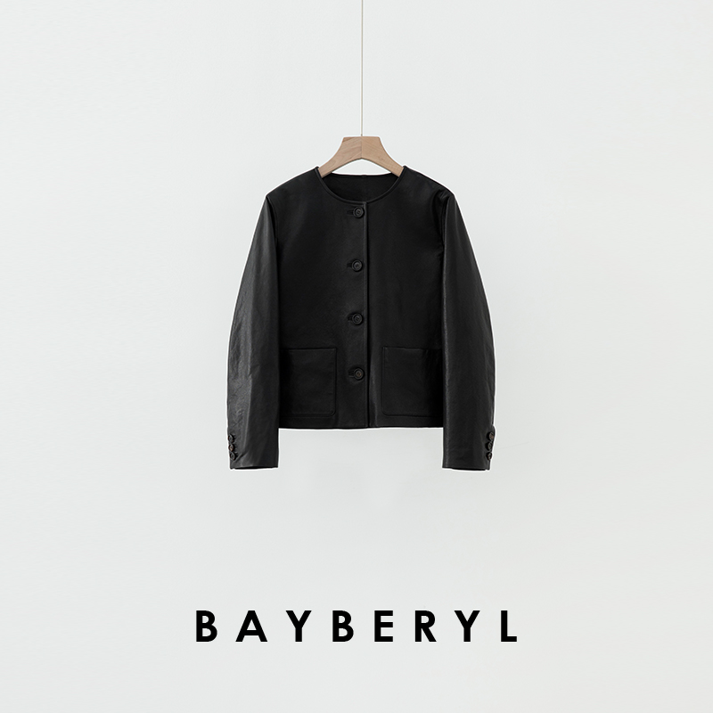 Z6-BAYBERYL老贝旧金山*皮面黑圆领单排扣时尚25春皮衣PY5A1521