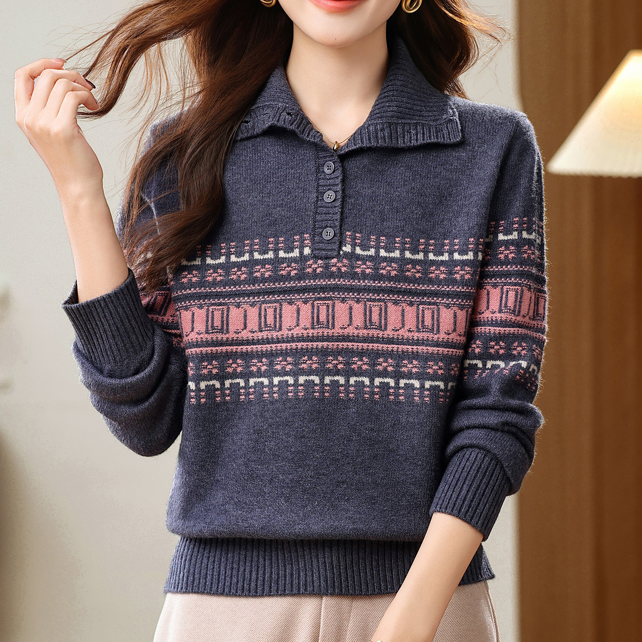 【羊毛衫】冬季新款宽松显瘦针织衫提花翻领保暖内搭时尚洋气打底衫