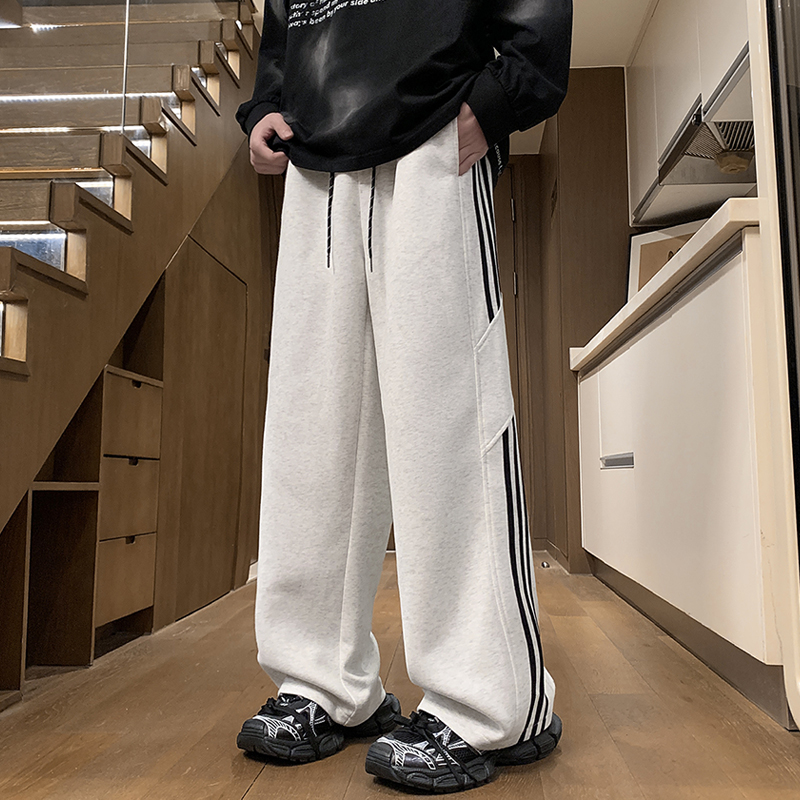 休闲潮男生百搭长裤条纹春秋宽松高街美式运动裤阔腿春季新款卫裤
