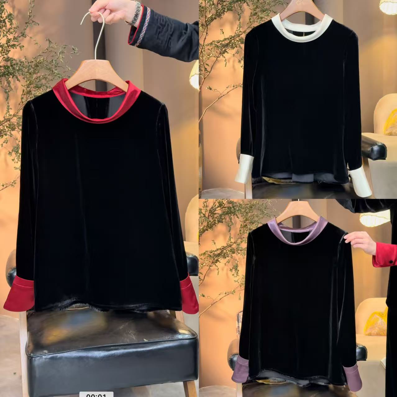 真丝丝绒气质名媛风撞色时尚衫yy