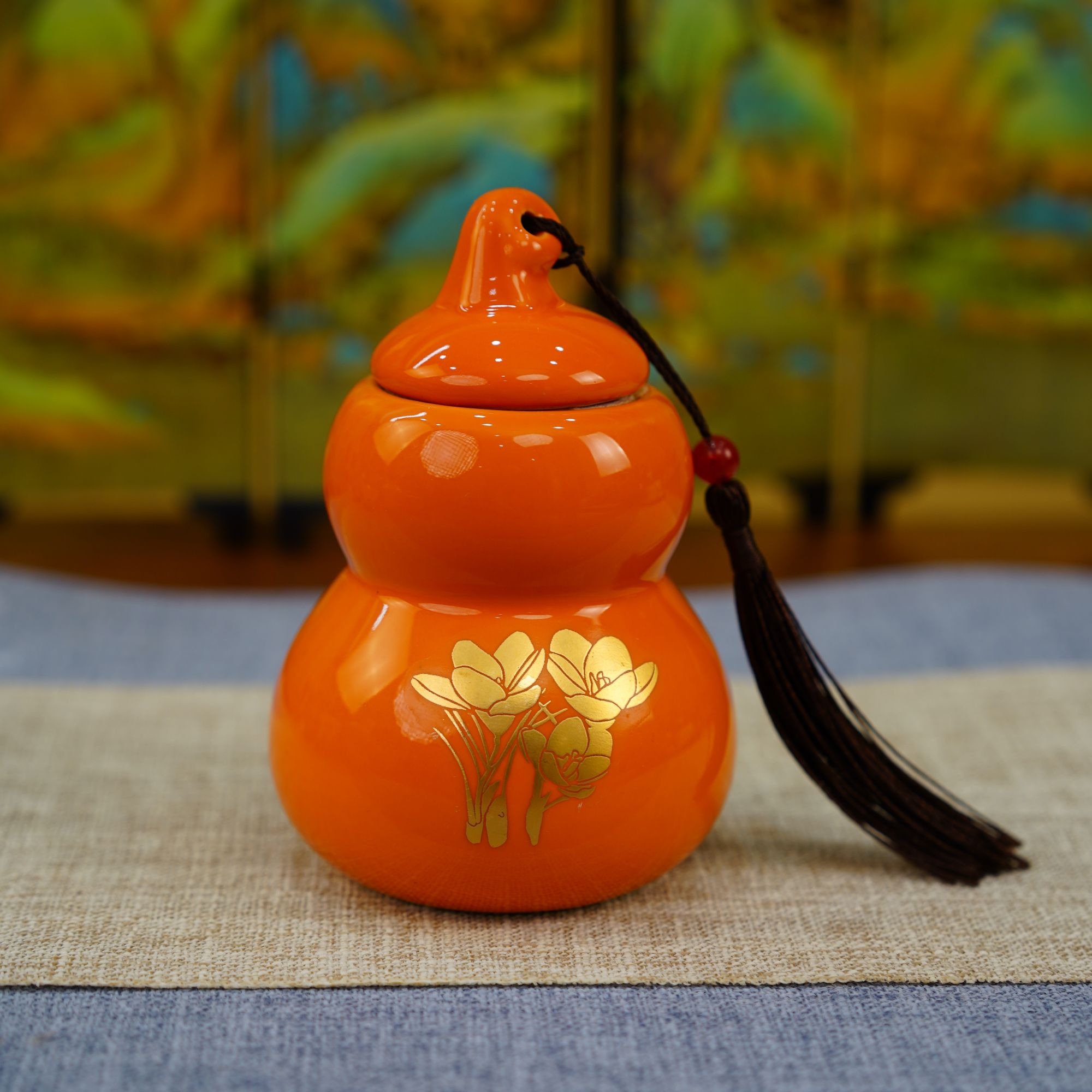 橙色葫芦茶叶罐陶瓷高颜值密封罐防潮轻奢家用带盖茶叶罐42016