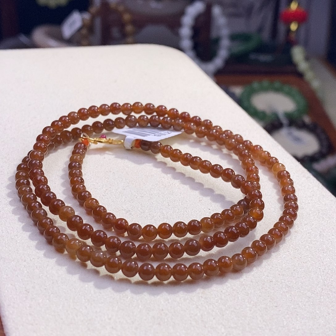 颈饰未镶嵌和田玉新疆且末红糖小米珠珠链4m