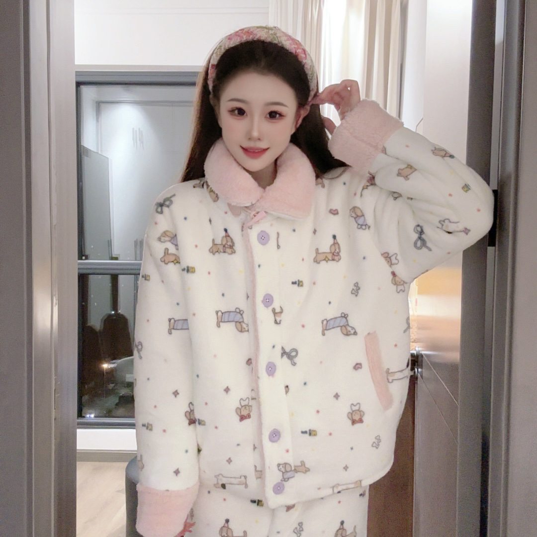 【星星狗】冬季可爱加绒加厚休闲显瘦睡衣女保暖家居服套装可外穿