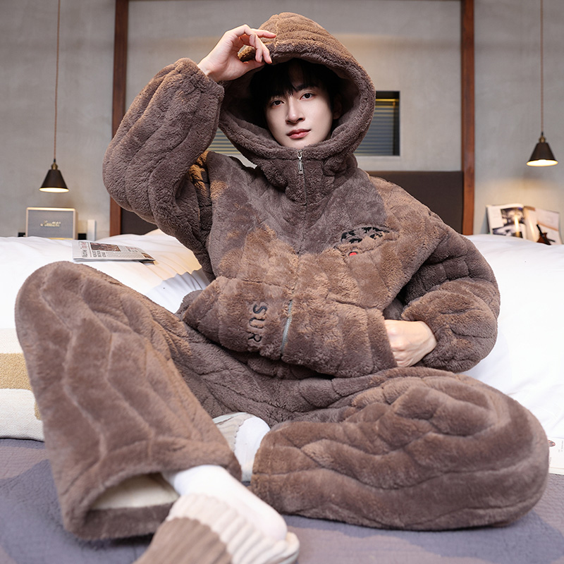 男士睡衣珊瑚绒冬季三层夹棉袄加厚加绒湖南省服青年秋冬款家居服