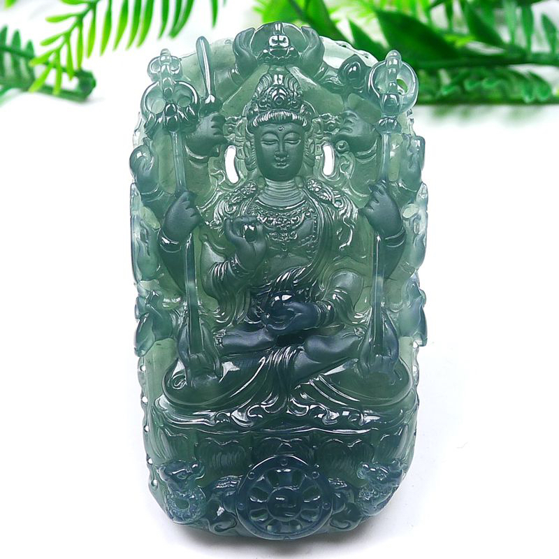 天然A货翡翠手工冰种千手观音菩萨挂件普度众生尺寸78.8-45-10mm