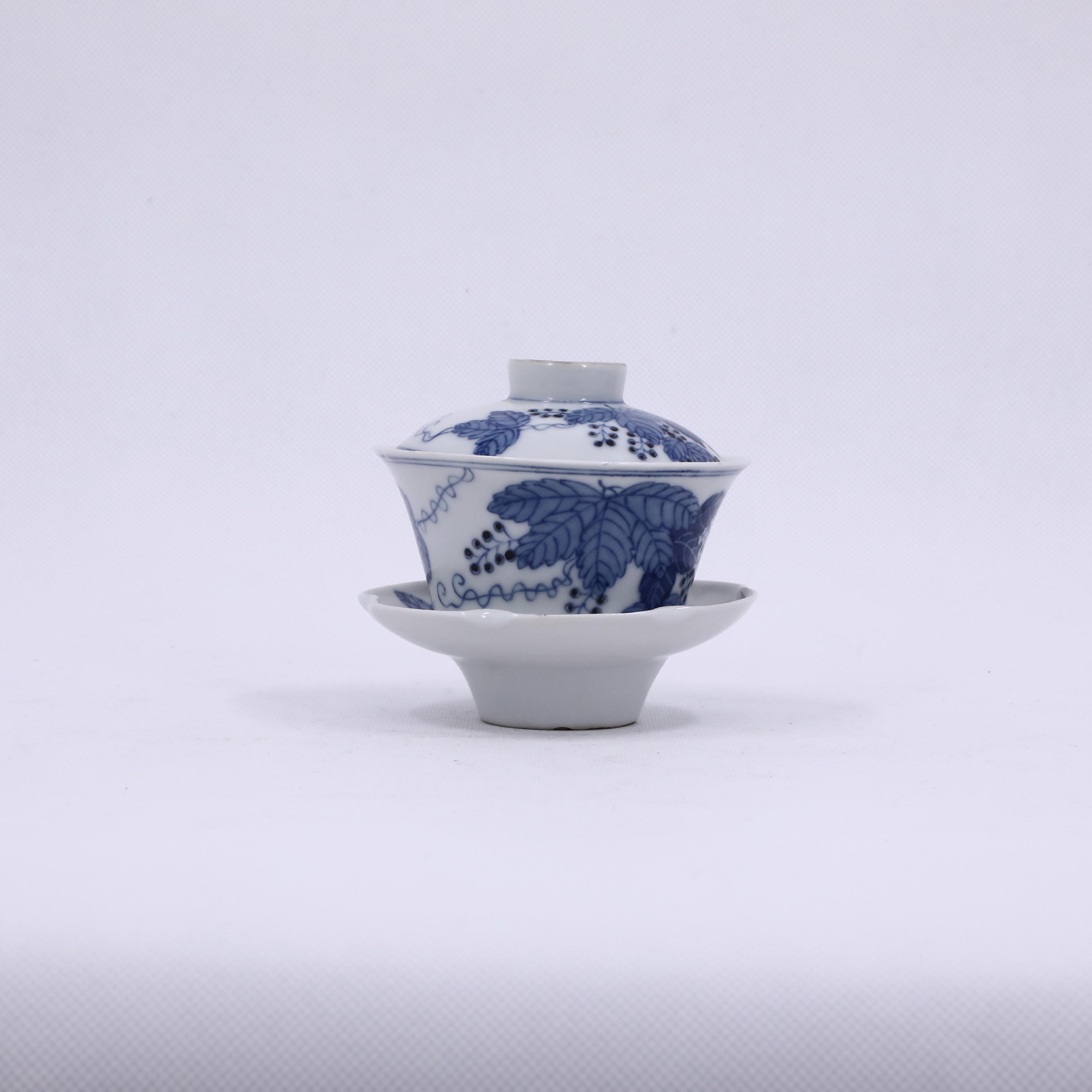 古董/古玩/瓷器/青花花卉纹三才盖碗LOT1434/老物件