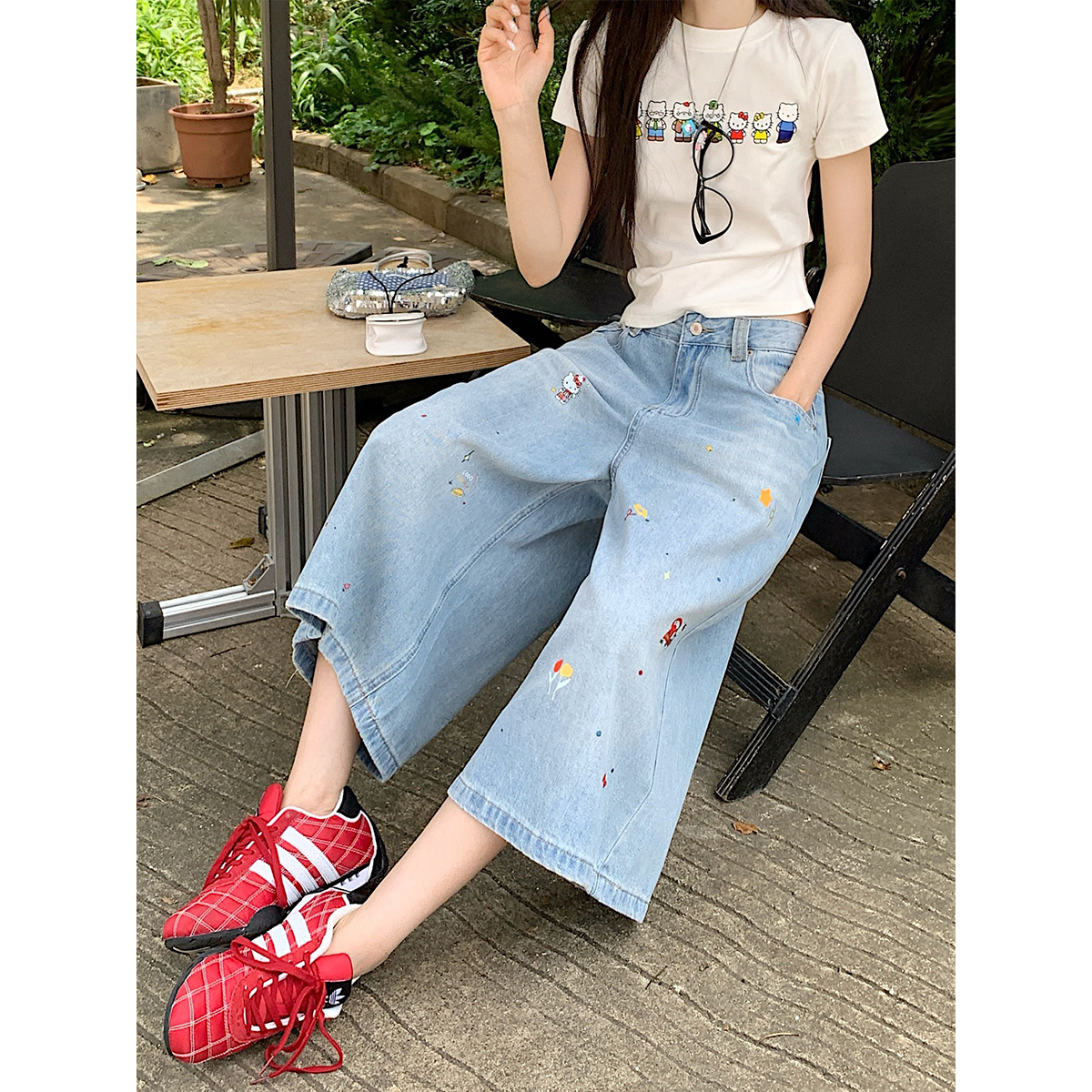 大码七分牛仔裤女夏季新款设计感彩色纽扣阔腿短裤