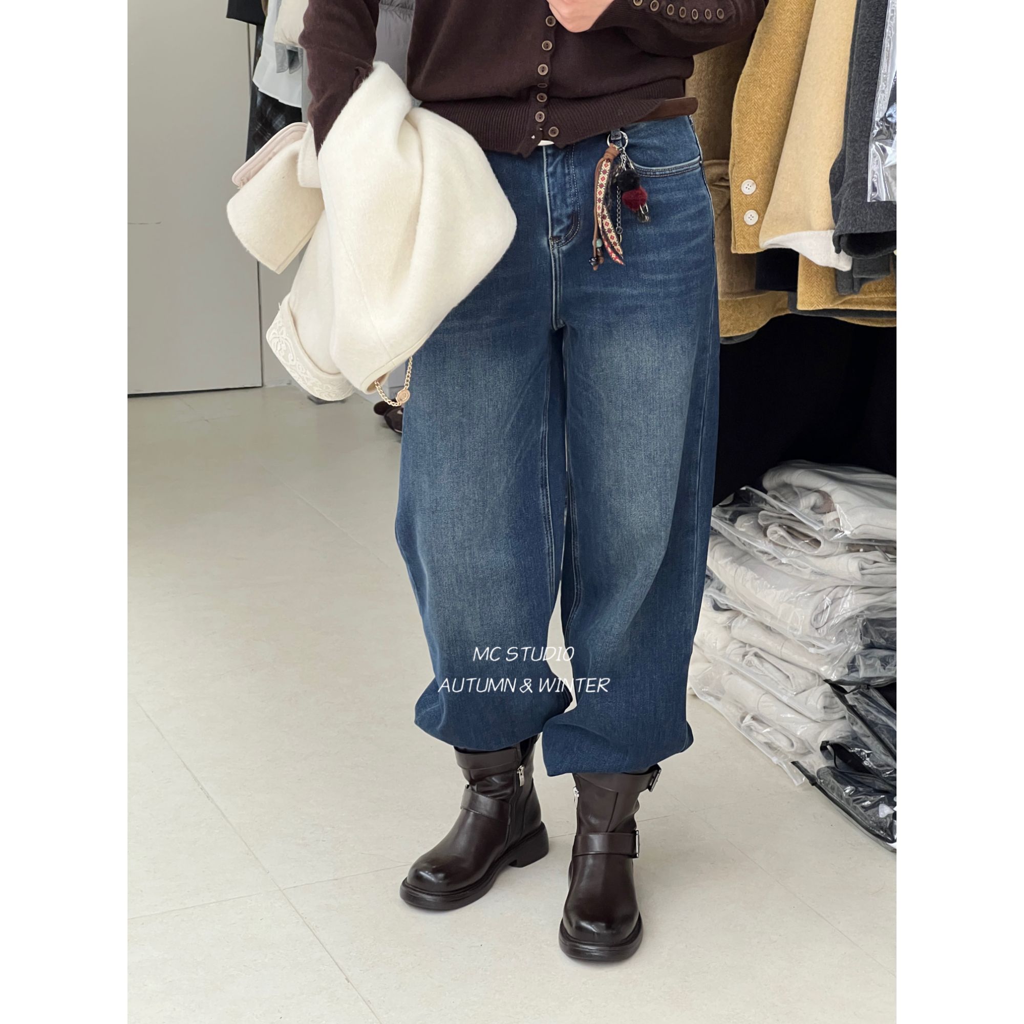  【民族风刺绣牛仔裤】欧洲站冬季加绒显瘦阔腿裤180971