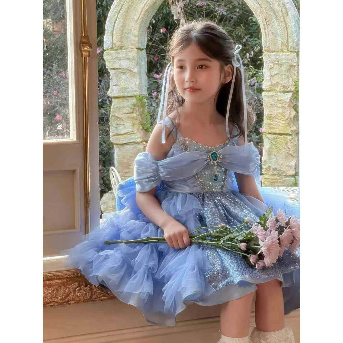 F122 女童公主裙洋气网纱连衣裙甜美蓬蓬礼服裙