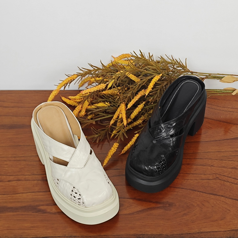 羊皮/10cm/包头百搭朋克风高跟粗跟包头拖凉鞋厚底英伦平底休闲圆