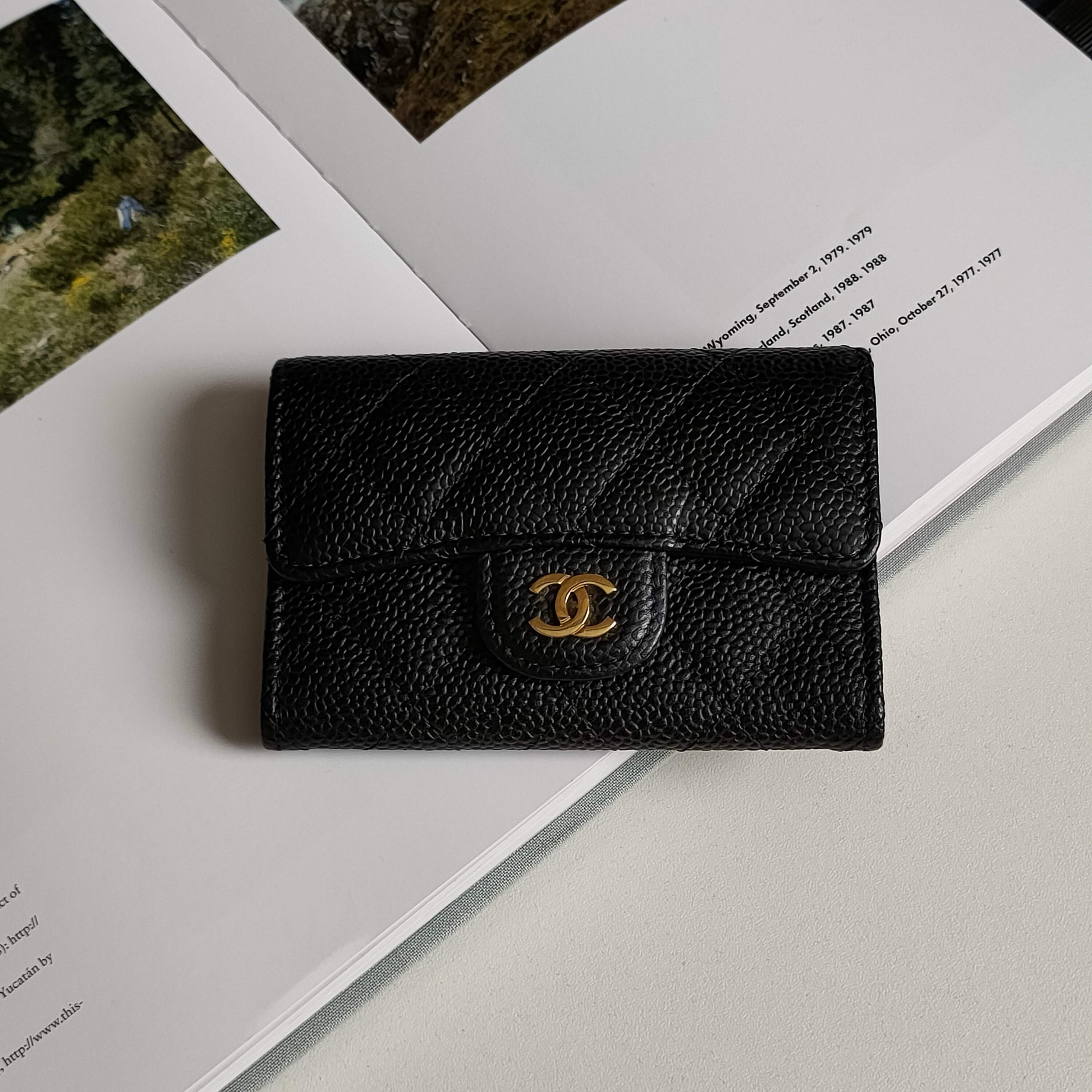 95新 Chanel/香奈儿 Azul - 黑金荔枝纹牛皮卡包 40217