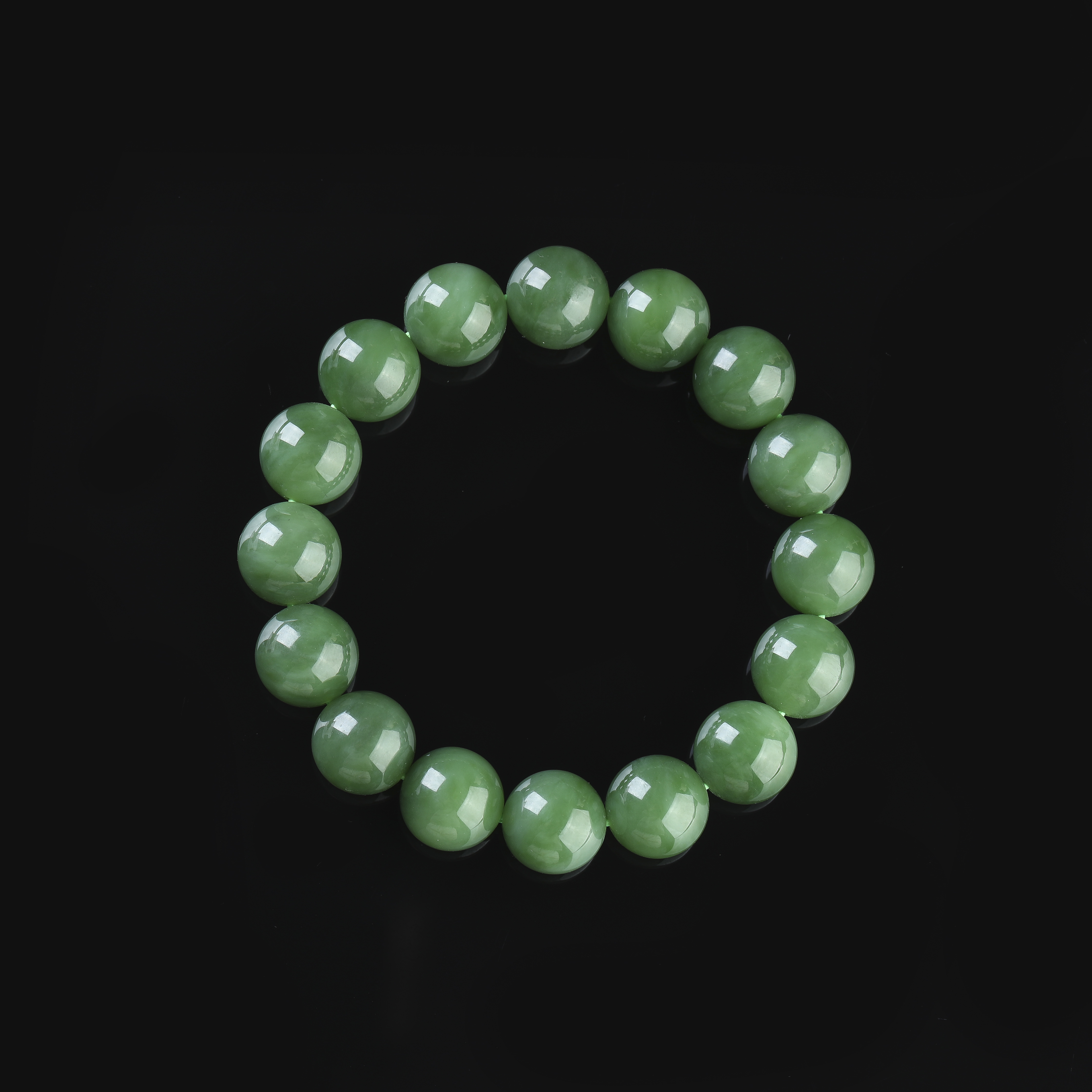 【大国非遗】俄料和田玉粉绿单圈素珠款手串(孤）12mm43-44g 00046