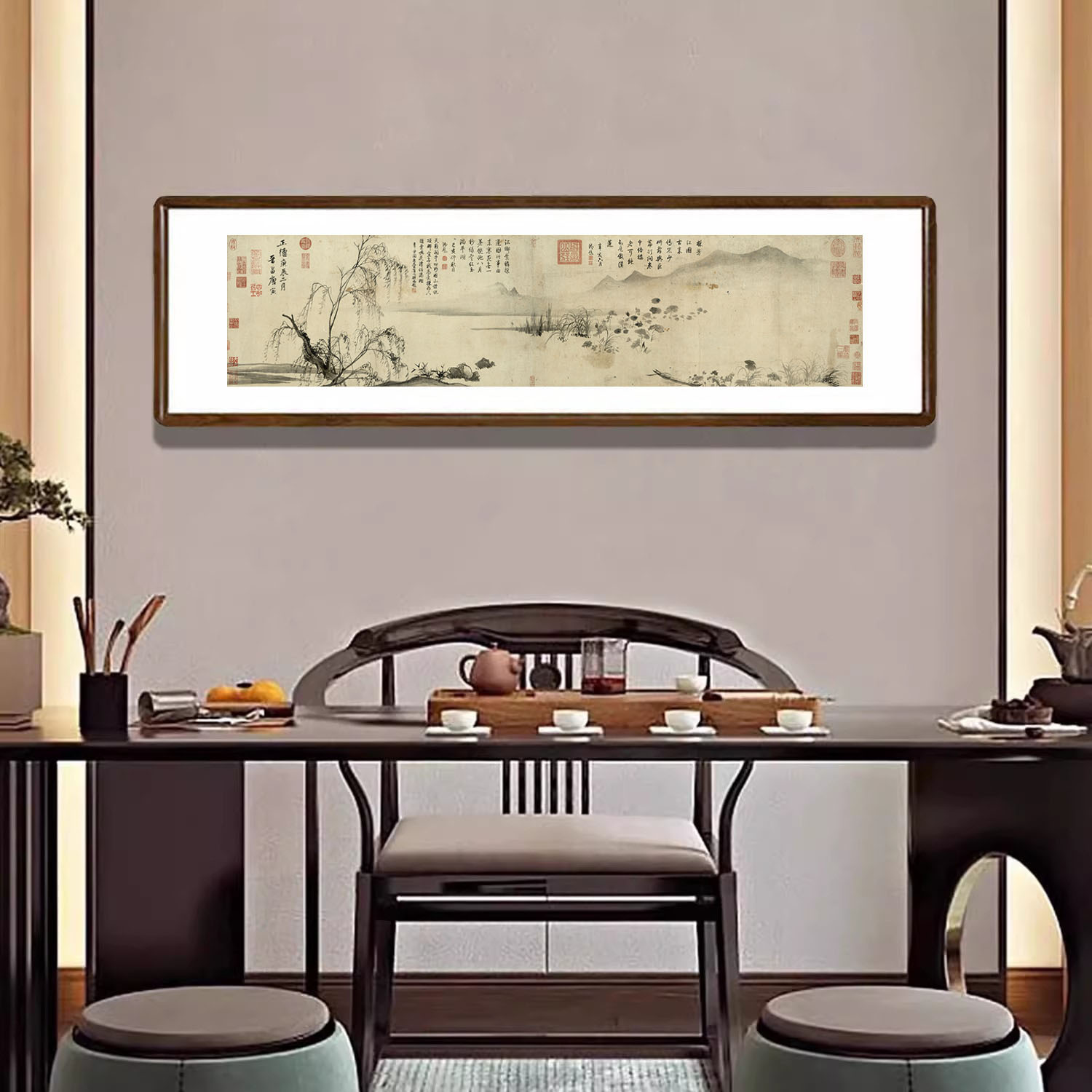 国画山水画采莲图古代名画新中式客厅装饰画茶室国画书房横版挂画