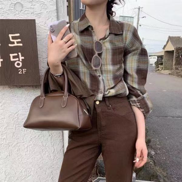 五色韩系时髦双层棉纱格子长袖衬衫女早秋慵懒风宽松百搭衬衣