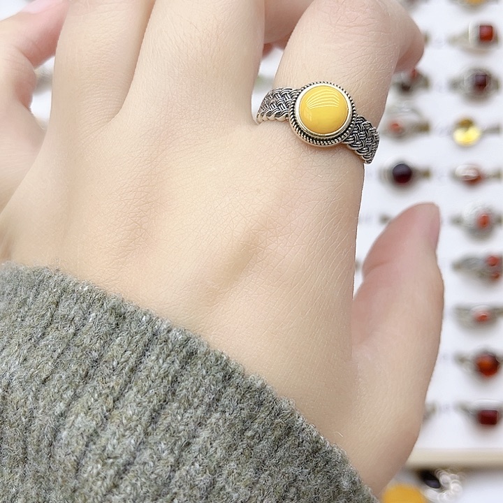 蜜蜡戒指银S925镶嵌天然