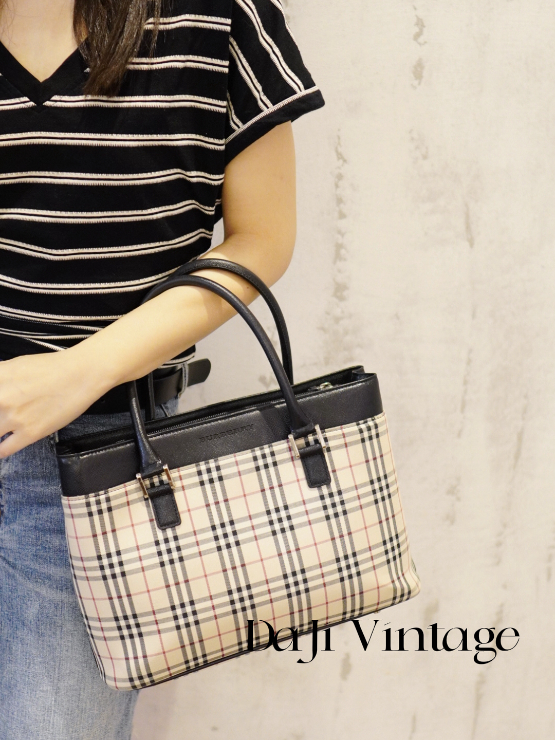 95新 BURBERRY/博柏利 大吉中古/Burberry格纹拼黑托特包