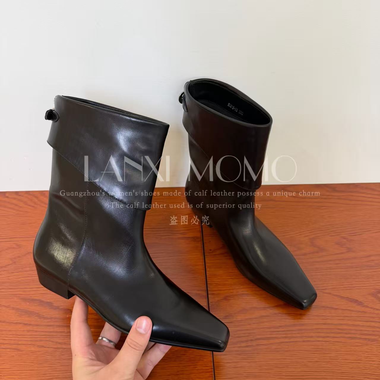  【若希】气质时尚百搭方头女士黑色搭扣短靴25XZ748LX