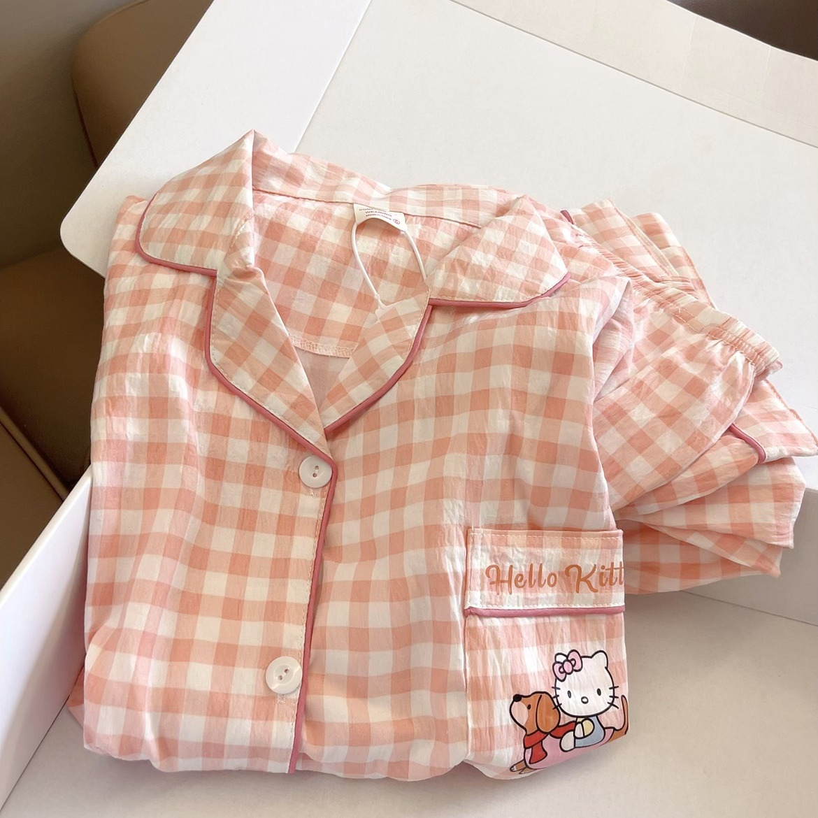 日系ins格子睡衣女春秋季卡通小猫长袖薄款云朵棉学生甜美家居服