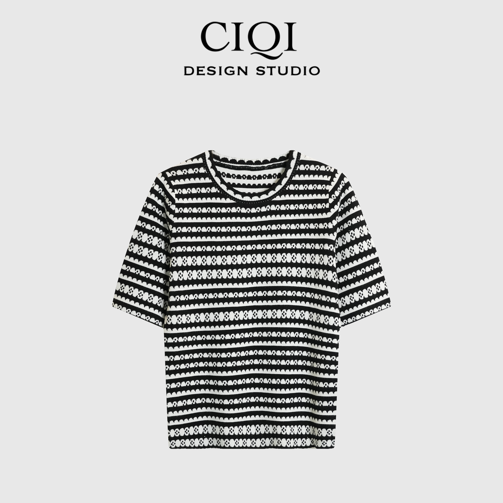 CIQI STUDIO【黑白条章】小众高级感条纹花边撞色针织短袖DY251019