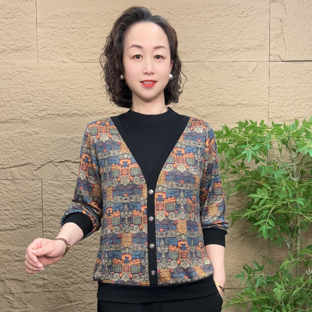 妈妈装流行时尚女装宽松秋装气质女士欧若拉独特漂亮上装休闲长袖