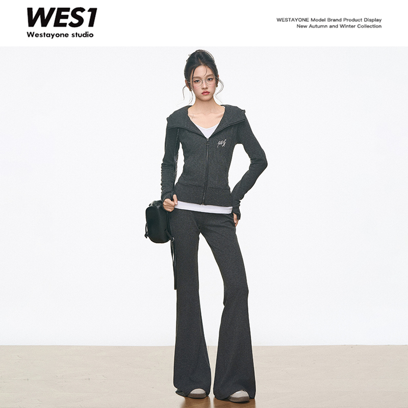 【8.12新品1】WESTAYONE修身显瘦针织连帽开衫套装+打底T恤+喇叭裤