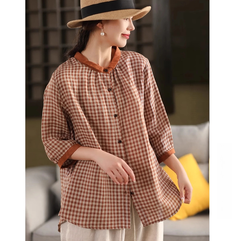 砂洗亚麻百搭显瘦衬衫撞色领衬衣文艺格子夏季宽松 AYM 2588