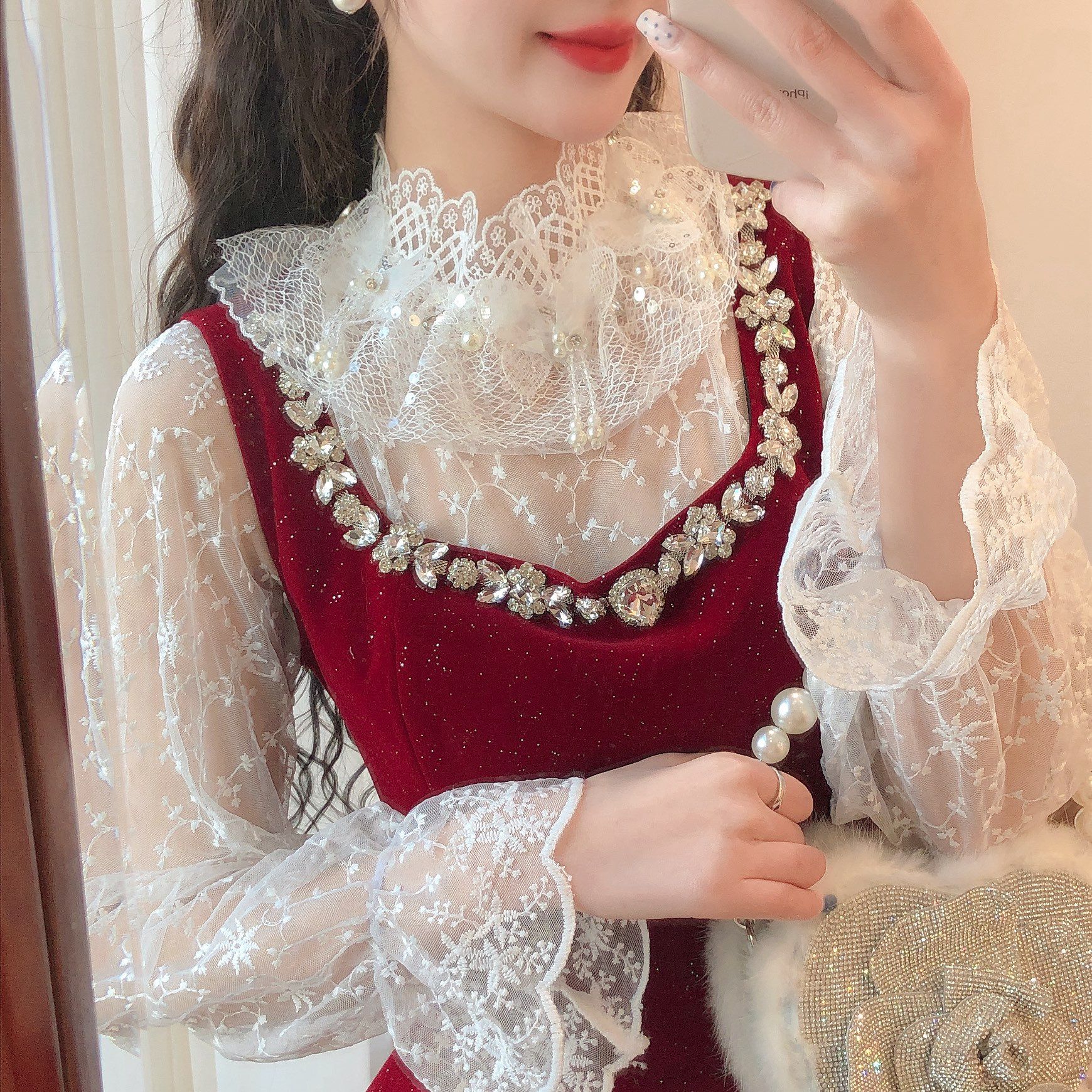 艾日秀网纱绣花蕾丝钻饰装饰仙气精致约会出游显温柔仙女G1189