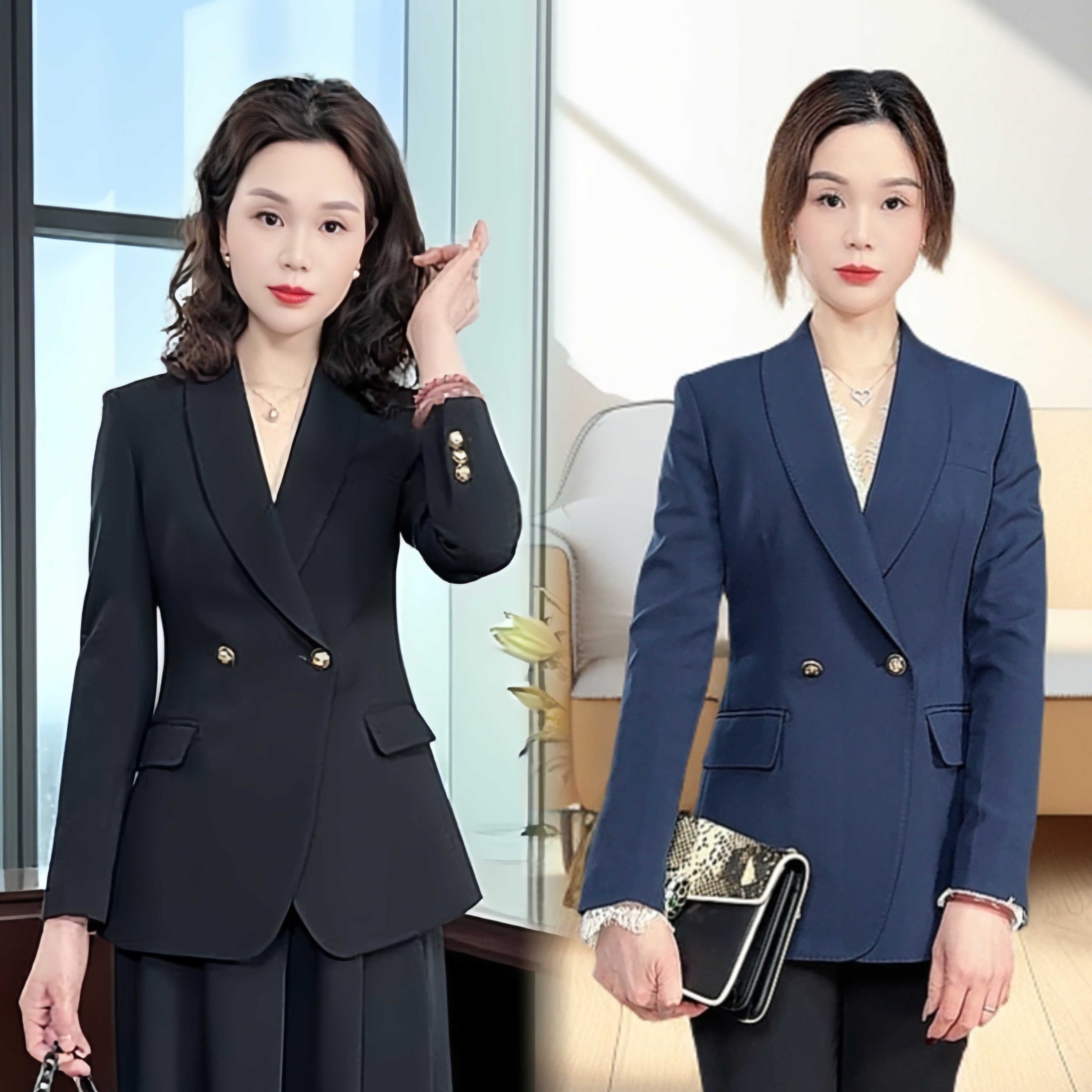 秋冬新款青果领黑色藏青色2025单件西装上衣时尚气质职业女士外套